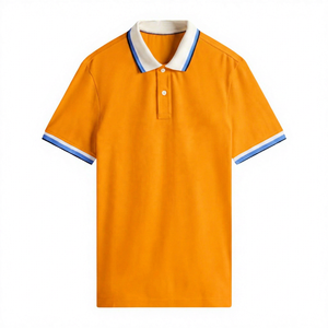เสื้อโปโลแขนสั้นสีครีมสำหรับผู้ชาย คอเสื้อแต่งขอบสีน้ำเงิน ผ้าฝ้ายถักแบบลำลอง ระบายอากาศได้ดี ทรงปกติ - Product Image 4