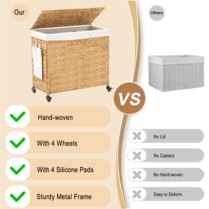Cesto Portabiancheria in Giacinto d'Acqua Naturale Intrecciato a 3 Sezioni da 165L con Coperchio e Ruote per Facilità di Spostamento - Product Image 3