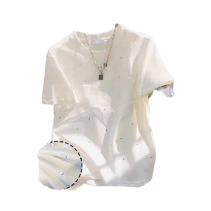 Women's Black Pearl <b>Beaded</b> Short Sleeve T-Shirt Crew Neck Loose Fit Casual Knitted <b>Top</b> All Seasons Wear - Product Image 2