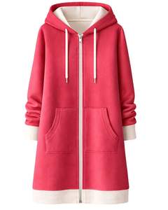 Sudadera con capucha larga personalizada con cremallera, roja, para mujer, abrigo de invierno con forro polar, ropa exterior informal con bolsillos, fabricante mayorista OEM personalizado - Product Image 1