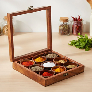 Excellent Quality Wood Spice <b>Box</b> With Acrylic Lid 6 Compartments For Nuts And Dried Fruits Hand Wash Only - Product Image 5