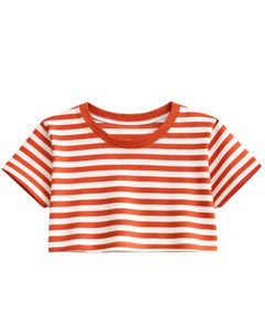 Ensemble crop top et short rayé orange et blanc personnalisé pour femme – Tenue décontractée d'été deux pièces avec taille élastique – Vêtements de détente et streetwear OEM - Product Image 2