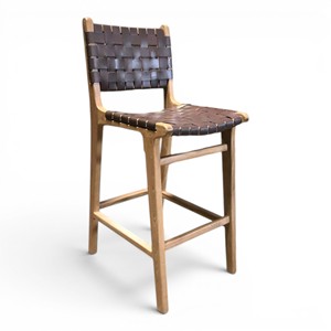 Silla de Barra Moderna Nórdica de Madera de Teca Premium con Asiento de Cuero Tejido para Cocina, Isla, Restaurante, Cafetería, Hotel - Product Image 6