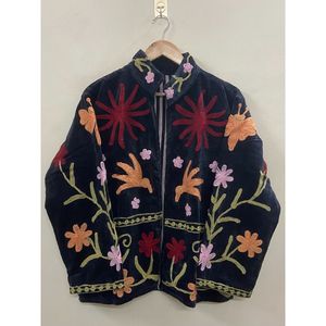 Chaqueta de Algodón y Terciopelo Bordada a Mano para Mujer, Cuello Mandarín, Manga Larga, Estilo Bohemio, Patrón de Ojos, Chaqueta Abierta para Invierno - Product Image 1