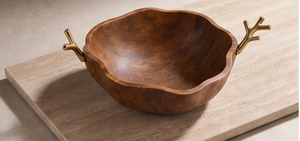 Heavy Duty Walnut Finished Mango Wood Serving Bowl Wavy Centerpiece with Sculpted <b>Twig</b> Handles - Product Image 5