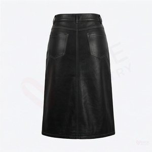 Women High Waist <b>Faux</b> <b>Leather</b> Midi <b>Skirt</b> Solid Straight Moto Style with Slit - Product Image 2