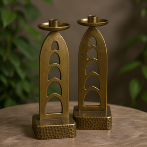 Pair of Solid Antique Brass Taper Candle Holders with Hammered Base Tall Metal Candlestick Home Decor - Product Image 3