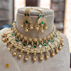 Conjunto de collar de joyería fina de piedra Pota chapado en oro 12032056GR - Product Image 1