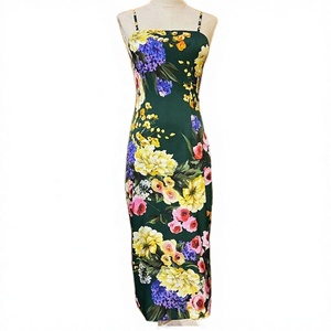Robe midi moulante en soie 100% à imprimé floral, anti-rides, col carré, sans manches, bretelles spaghetti, ajustée, pour l'été, cocktail, romantique - Product Image 1