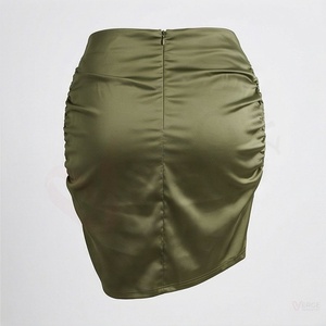 Women's Olive Green Satin Ruched Bandage Mini <b>Skirt</b> High Waist Shiny Solid <b>Short</b> <b>Skirt</b> - Product Image 2