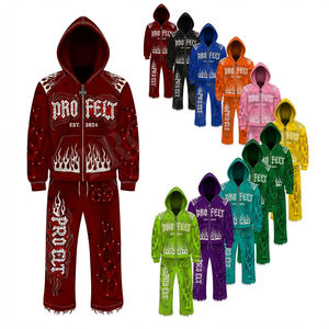 Ensemble de survêtement unisexe tendance avec sweat à capuche zippé imprimé flamme et pantalon évasé, style streetwear et sportswear - Product Image 1