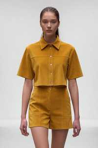 Women's Mustard Yellow 2-Piece Shorts Set Corduroy Short Sleeve Top <b>High</b> Waist Above <b>Knee</b> Shorts Casual Spring Summer Style - Product Image 1