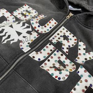 Sweat-shirt à capuche zippé pour homme, coupe ample, 100% coton, 400 g/m², effet délavé soleil, vintage, haute qualité, orné de strass - Product Image 1