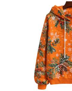 Sudadera con Capucha para Mujer con Estampado de Copos de Nieve Navideños en Color Naranja, Felpa de Algodón, Estilo Casual, Fabricante Personalizado, Proveedor de Ropa al por Mayor - Product Image 3
