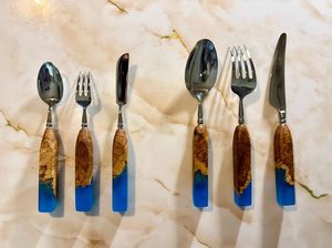 Ensemble de couverts de luxe en acier inoxydable avec manche en résine, cuillère, fourchette, couteau, compatible lave-vaisselle, écologique, vaisselle de cuisine moderne, pour les fêtes - Product Image 3