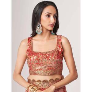 Gorgeous <b>Red</b> Floral Print Organza Wedding Saree with <b>Blouse</b> for Wedding Apparel - Product Image 3