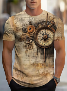Camiseta de manga corta con cuello redondo y estampado de brújula Steampunk vintage para hombre, diseño estampado de poliéster de ajuste regular para hombre - Product Image 5