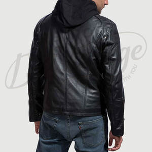 Veste de motard à capuche en cuir véritable noir de qualité supérieure pour hommes, coupe ajustée, capuche amovible, manteau décontracté pour la conduite de moto, streetwear - Product Image 3