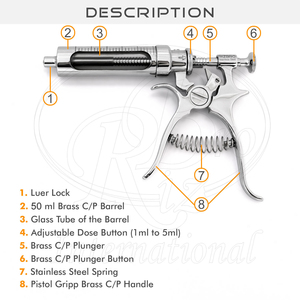 กระบอกฉีดยาอัตโนมัติสำหรับสัตว์ ขนาด 50 มล. Hank Roux Revolver Syringe Lure Lock Hub ตัวกระบอกทองเหลือง แก้ว  ขนาด 1 ถึง 5 มล. สำหรับฉีดหลายโดส - Product Image 5