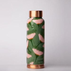 Pure Copper <b>Sports</b> <b>Water</b> <b>Bottle</b> Designer Green Leaf Pink Flower Pattern Leakproof Indian Copper Vessel Jointless Metal Drinkware - Product Image 1