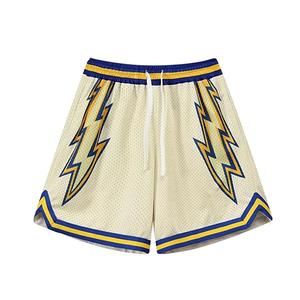 Nouveauté 2026 Short en maille crème à imprimé éclair, style basketball vintage, respirant, taille élastique, streetwear, été - Product Image 2