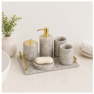 Ensemble d'accessoires de salle de bain en marbre gris vintage, distributeur de savon moderne en marbre, porte-brosse à dents et plateau de toilette avec poignées dorées - Product Image 6