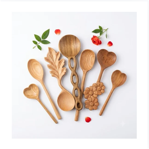 <b>Wooden</b> Serving Spoons Set Natural Carved Leaf <b>Heart</b> Flower Design Eco Friendly Handmade Kitchen Utensils - Product Image 1