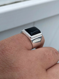 <b>Men's</b> <b>Black</b> Onyx Cocktail <b>Ring</b> 925 Silver Plated Stainless Steel Geometric Square Bezel Setting Classic Style Daily Wear - Product Image 3