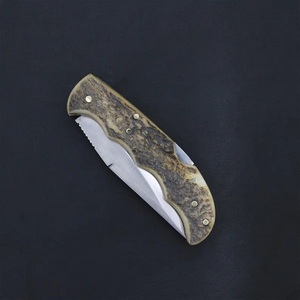 Couteau pliant en acier Damas de qualité supérieure, manche ergonomique en bois de cerf, lame à pointe tombante, étui en cuir, chasse, camping, survie, OEM - Product Image 3