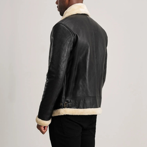 Veste en cuir véritable pour homme, style motard, avec doublure en fausse fourrure, coupe-vent, manteau d'hiver, fermeture éclair - Product Image 5