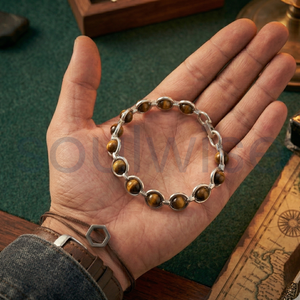 Divine Solutions Tiger Eye <b>Beads</b> <b>Bracelet</b> with Sterling Silver Chain Peace Pattern Unisex Gift for Hindus - Product Image 6
