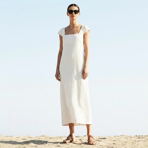 <b>White</b> Linen <b>Maxi</b> Dress Square Neck Cap Sleeve Loose Fit Breathable Summer Casual Dress Straight Hem Solid Color Woven Fabric - Product Image 1