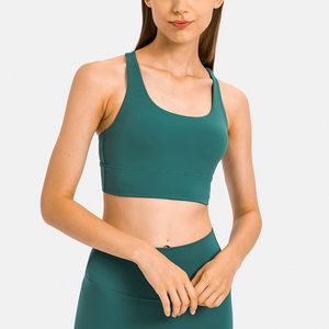 Sujetador deportivo ajustable con tiras cruzadas, de secado rápido, de alta elasticidad, de nailon y elastano, con logo frontal, de alto soporte, cuello en U, para correr, yoga, gimnasio, uso diario. - Product Image 4