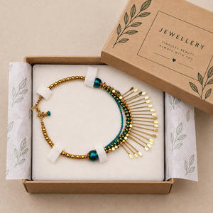 Collier statement fait main style bohème avec motif soleil doré |   Collier vintage en perles de verre turquoise et laiton pour femmes - Product Image 3