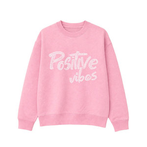 Sweat-shirt à col rond pour femme OEM, rose, avec strass, inscription « Positive Vibes », style streetwear oversize, tenue décontractée, mode - Product Image 2
