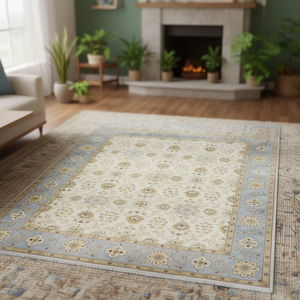 Hand Knotted Wool Silk Area <b>Rug</b> 9x12-<b>Ivory</b> Blue Floral Botanical Oriental Carpet for Living Room - Product Image 1