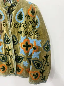 Luxury Velvet <b>Vintage</b> Cotton Suzani <b>Jacket</b> Multicolor Floral Embroidered Boho Full Sleeve V-Neck Handmade Breathable <b>Women</b> - Product Image 3