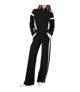 Wholesale Women's White Black Panel Tracksuit 2-piece set Zip Up Jacket with Wide Leg Pants Custom - Product Image 5