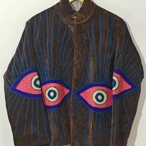 Veste en velours côtelé pour femme Jungle, col montant, manches longues, motif œil maléfique brodé à la main, pour l'automne - Product Image 1