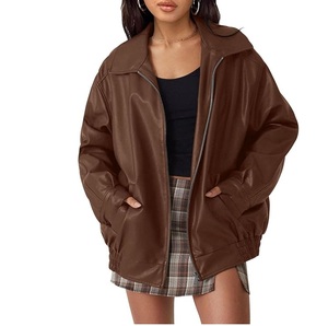 Chaqueta Bomber Casual Impermeable de Cuero PU Marrón para Mujer, Manga Larga, Cuello Camisero, Cierre de Cremallera, Estilo Otoñal - Product Image 1