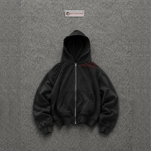 Black Distressed Zip Up Hoodie With Studded Sleeves Oversized Washed Grunge Streetwear Breathable Hooded Sweatshirt Regular Fit - Product Image 5