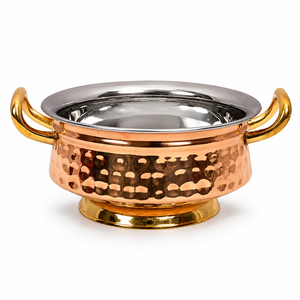 Bol de service en cuivre martelé et acier inoxydable avec poignées, plat à curry indien, vaisselle de restaurant et d'hôtel, 1,2 L - Product Image 1