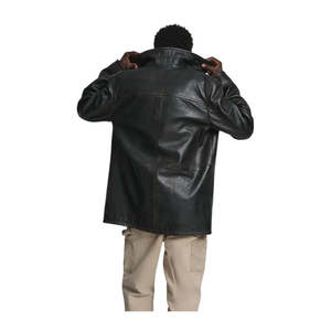 Chaqueta Larga Clásica de Cuero Vacuno Negro para Hombre, Cuello Camisero, Hecha a Mano, Impermeable y Resistente al Viento para Otoño - Product Image 4