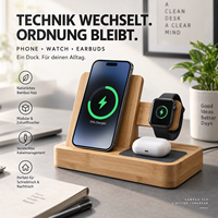 Organisateur de bureau moderne en bambou modulaire 3-en-1, compatible avec la recharge de téléphone, montre et écouteurs, écologique, avec chargeur remplaçable