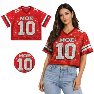 Trendy <b>Sequin</b> <b>Red</b> American Football Jersey Women Shiny Glitter Cropped Mesh Game Day Shirt Rhinestone Letter V-neck Streetwear - Product Image 1