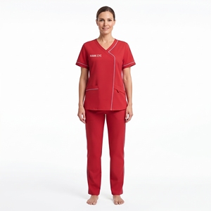 Uniforme Médico para Mujer, Cuello en V, Manga Corta, Poliéster y Spandex, Ribete en Contraste, Bolsillos Delanteros, Ropa de Trabajo para el Sector Salud, Logotipo Personalizado - Product Image 1