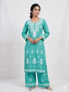 Latest Summer Collection Cotton <b>Chikankari</b> Embroidered Kurta Palazzo Set for Casual Daily and Office Wear for Women Comfortable - Product Image 3