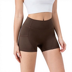 Women's Mid Waist Brown Bike Shorts Pockets Breathable Knitted Polyester/Nylon Sporty Fit Regular <b>Elastic</b> Solid 160g Compression - Product Image 3