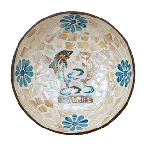Bol en noix de coco incrusté de nacre, motif de dauphin rond et de fleurs bleues, fait main, pour servir, cadeau, souvenir, vente en gros - Product Image 1