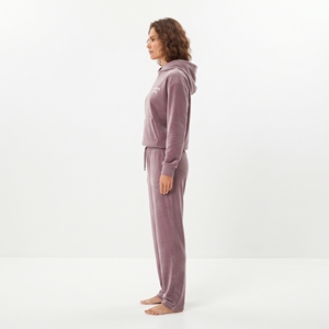 High Quality Women's Velvet Two Piece Hooded Pullover and Pants Set Solid Color Casual Winter <b>Velour</b> Sweatsuit - Product Image 4